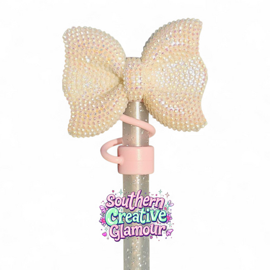 White Glitter Bow Tumbler Silicone 10mm Straw Topper - Blush Pink by Southern Creative Glamour 