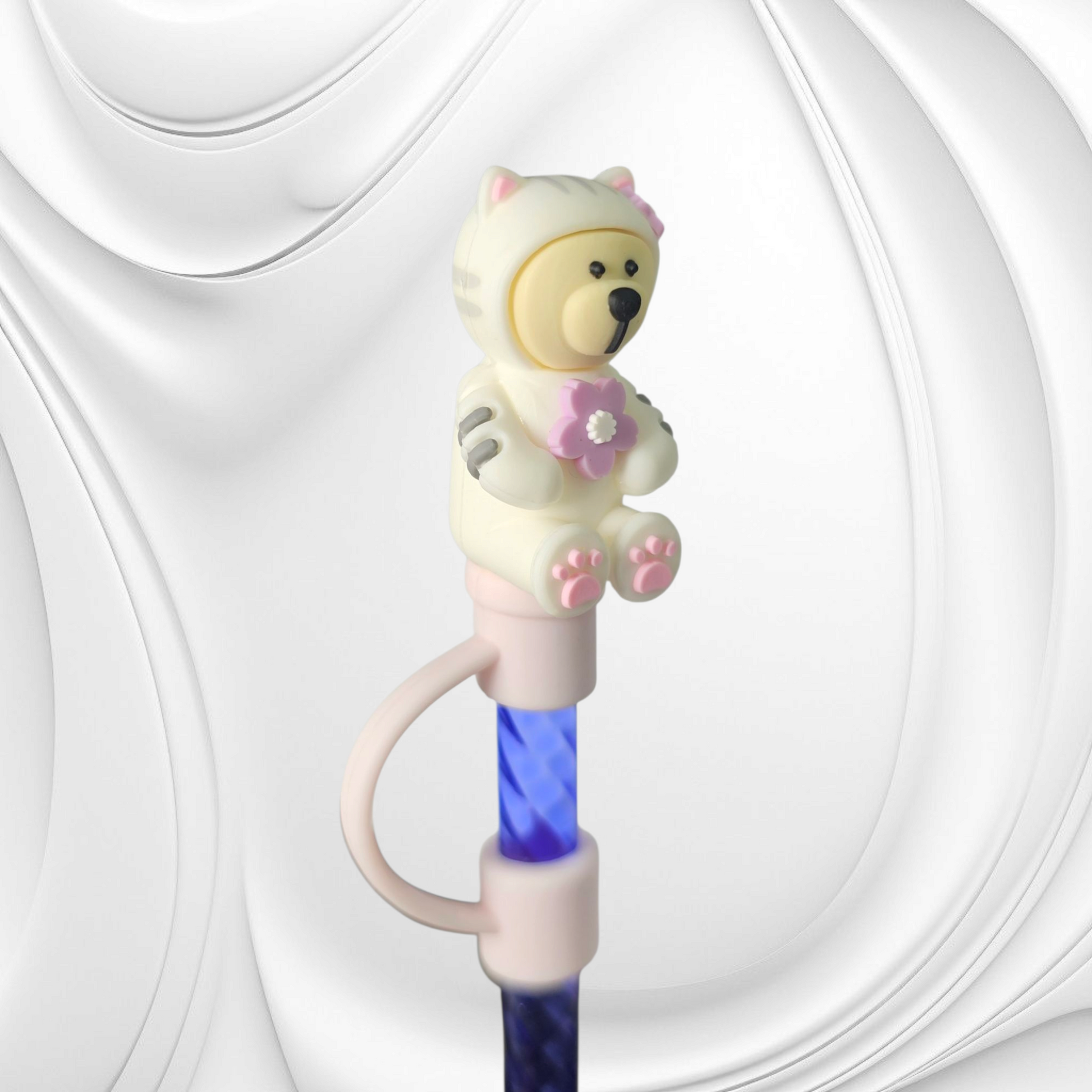 Pink and purple Sakura Bear 8mm 3D Silicone Straw Topper 