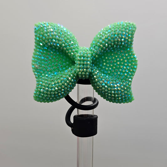 Glitter green bow tie with black Silicone base - Straw Topper  - Straw Cover - Fits 10mm and Stanley Straws. 