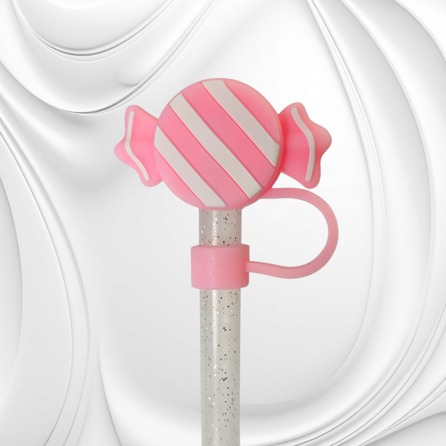 Pink and White Candy 3D Silicone Straw Topper