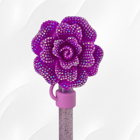 Violet Purple Glitter Rose Silicone Straw Topper - Straw Cover. Fits 10mm and Stanley Straws. 