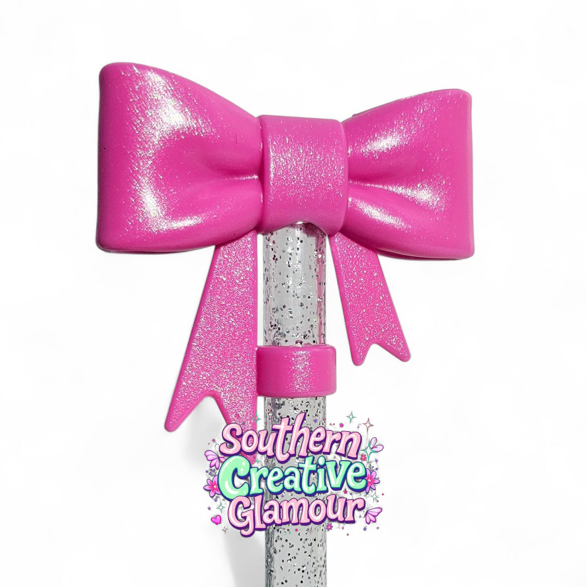Winter Pink Shimmer 3D Silicone Bow 10mm Straw Topper by Southern Creative Glamour 