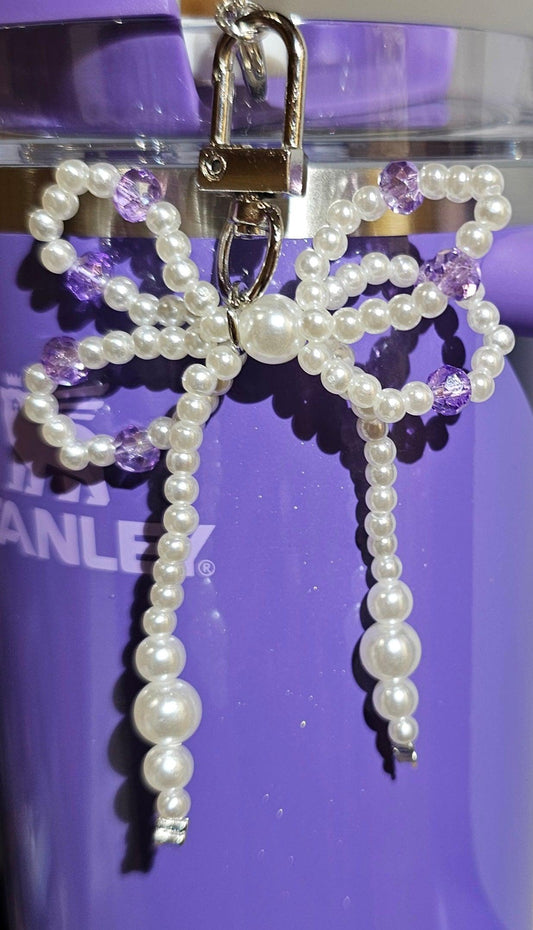 Lavender Purple & White Faux Pearl Beaded Ribbon Bow Charm For Tumbler, Straw, Purse