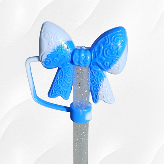 Blue Swirl Shimmer 3D Lace Ribbon Bow Silicone Straw Topper. 