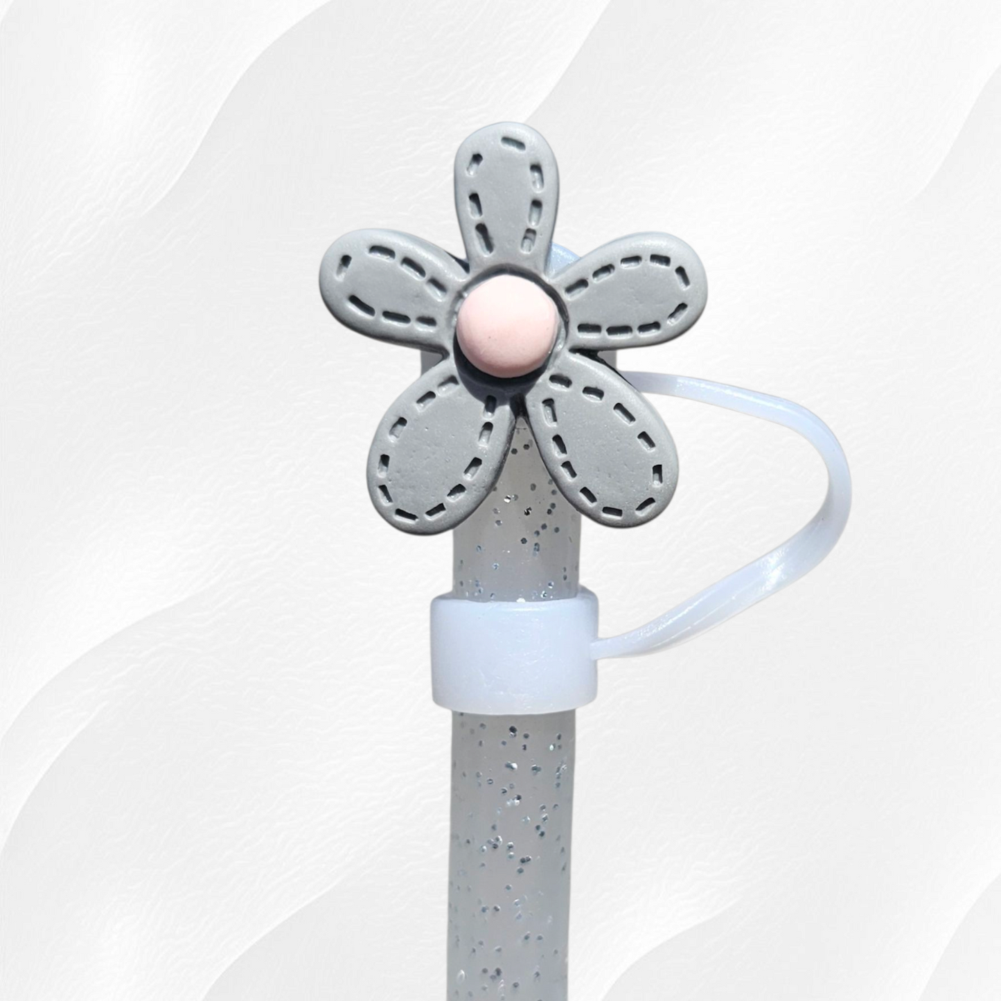 Gray Daisy Flower Straw Topper 