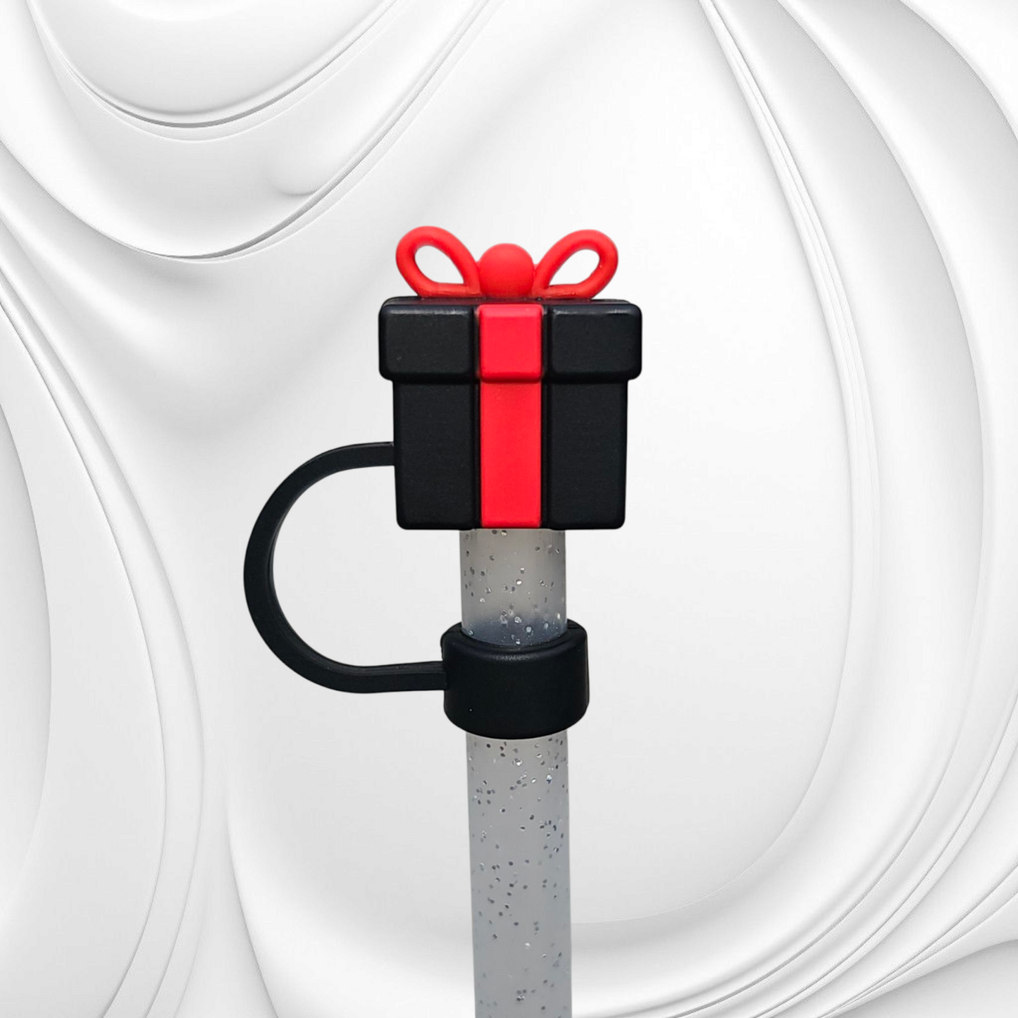 Black and red Christmas Present 3D Silicone Straw Topper. 