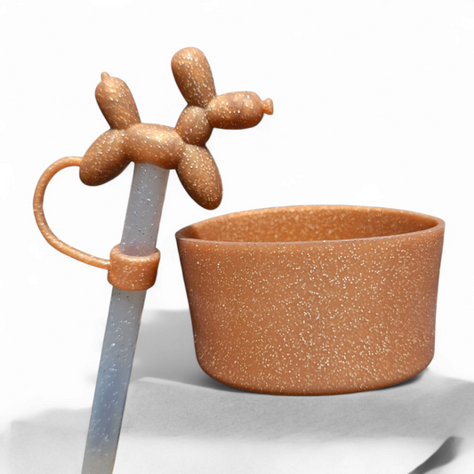 Balloon Dog 3D Silicone 10mm Straw Topper & Matching Silicone Tumbler Boot - Bronze Glitter by Southern Creative Glamour 