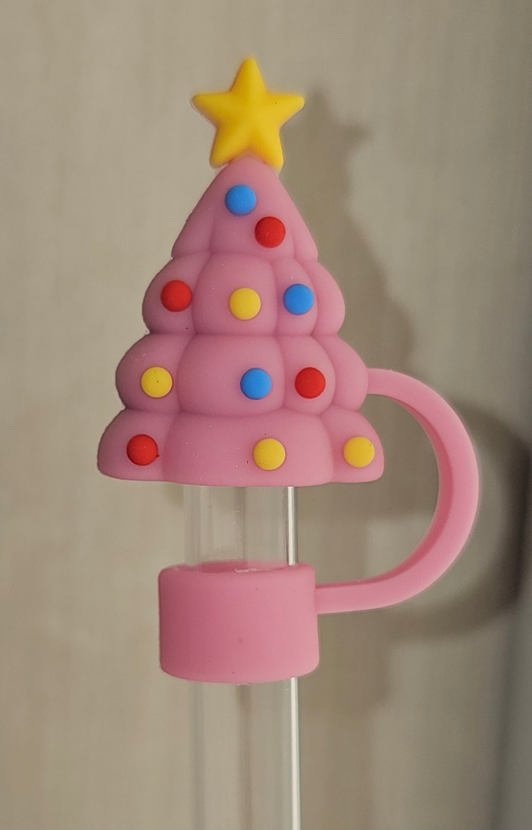 Pink Christmas Tree Silicone 3D Straw Topper  - Straw Cover 