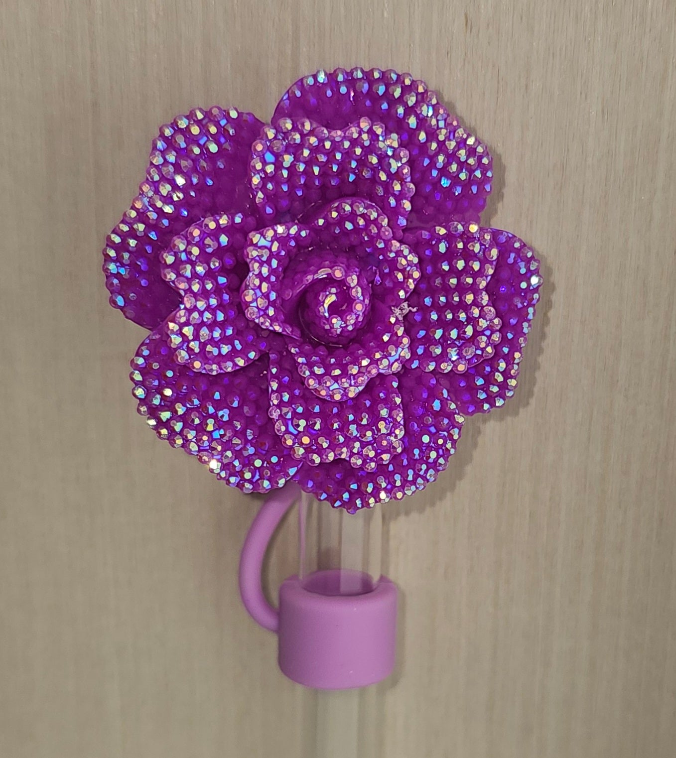 Rose Flower Glitter Silicone Straw Topper  - Straw Cover. Violet Purple 