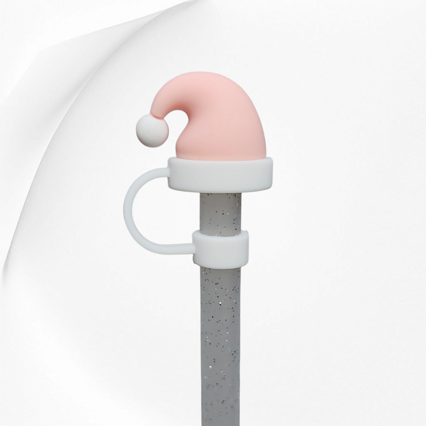 Light Pink Christmas Santa Hat 3D Silicone Straw Topper. 