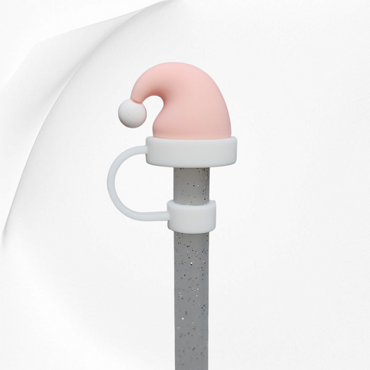 Light Pink Christmas Santa Hat 3D Silicone Straw Topper. 