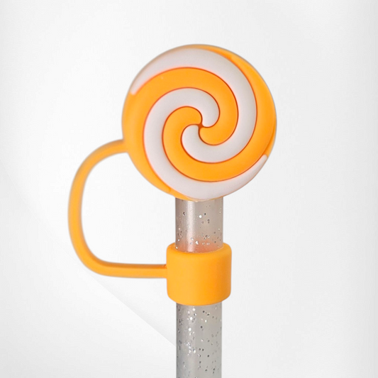 Orange and White Swirl Candy Lollipop Halloween 3D Silicone Straw Topper 
