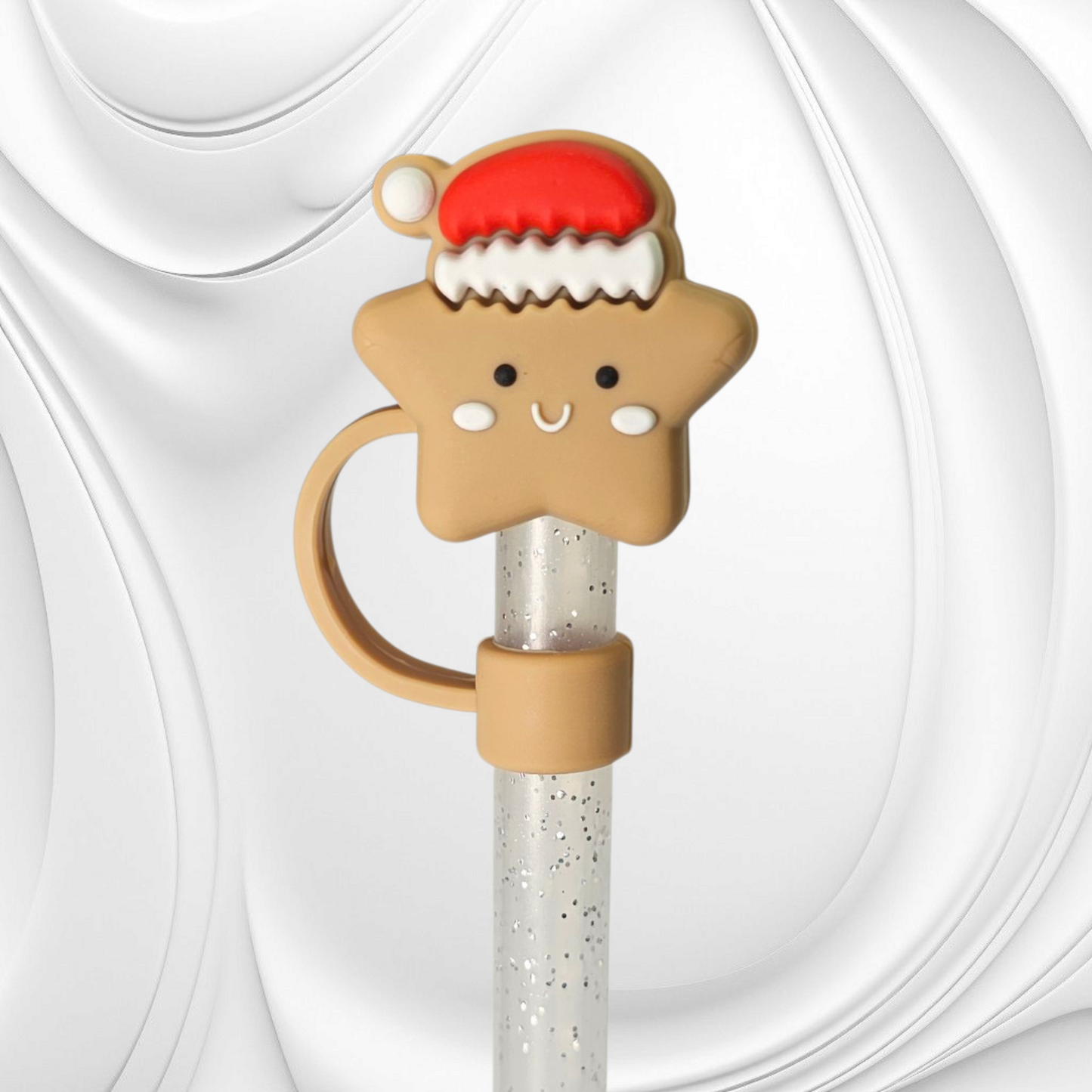 Brown Star wearing red Santa Hat 3D Silicone Straw Topper. 