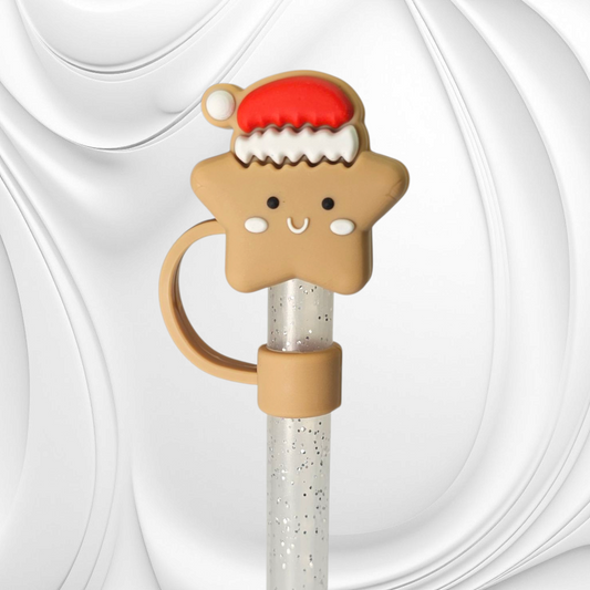 Brown Star wearing red Santa Hat 3D Silicone Straw Topper. 