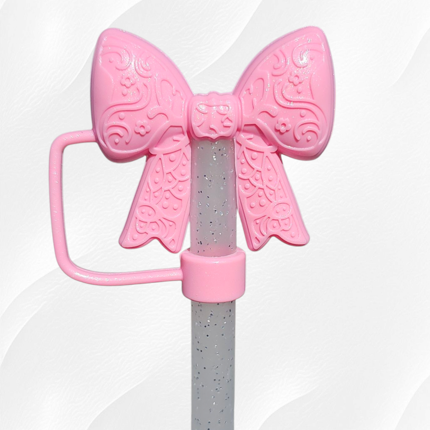 Sizzling Pink Shimmer 3D Lace Ribbon Bow Silicone Straw Topper. 