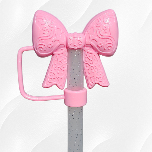 Sizzling Pink Shimmer 3D Lace Ribbon Bow Silicone Straw Topper. 