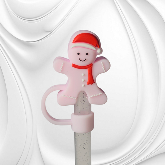 Pink Gingerbread Girl wearing red Santa Hat 3D Silicone Straw Topper. 