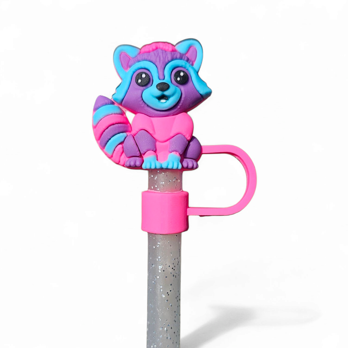 BubblePop is a Aqua, Pink, Purple Trash Panda  | Raccoon 3D Silicone 10mm Straw Topper by Southern Creative Glamour 