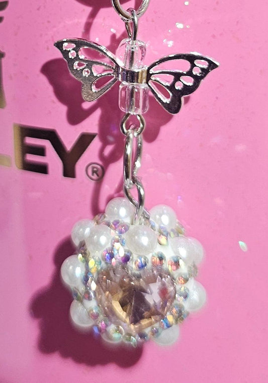 Iridescent Pearlescent Pink Heart Jewel trimmed with White Rhinestone Glitter Charm Pendant