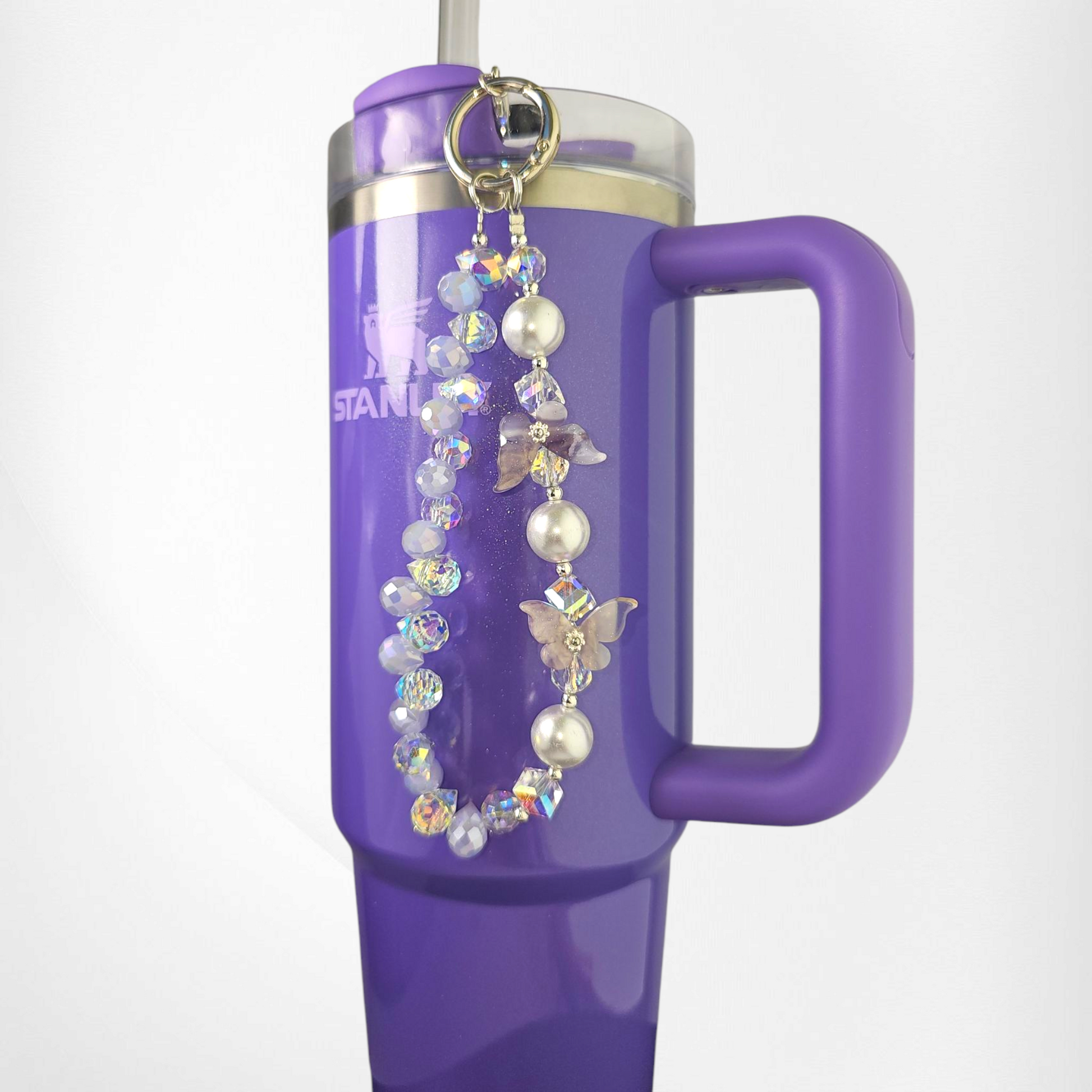 Crystal Beaded Butterfly Tumbler Charm Bracelet  - Purple 