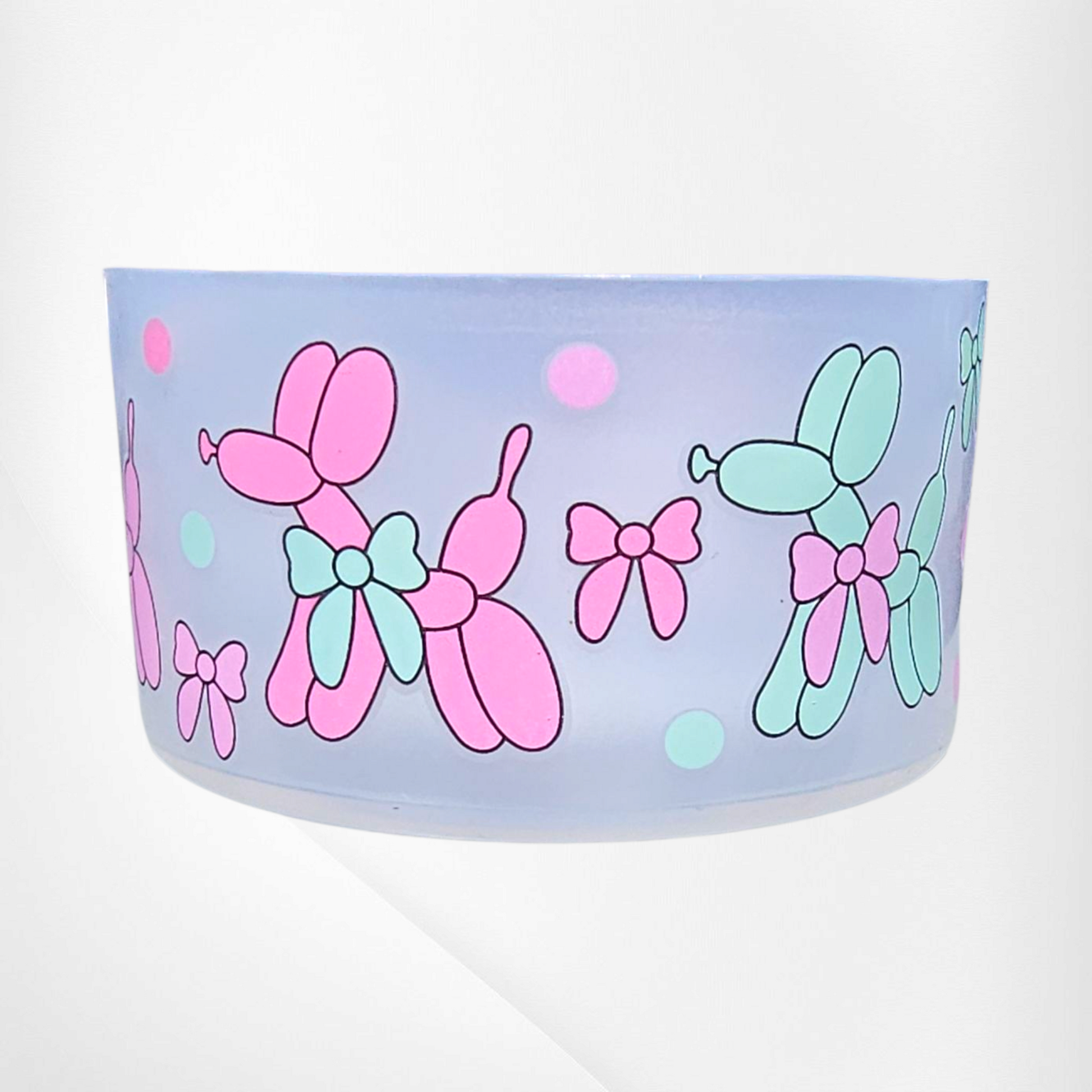 Pink, Mint, and Purple Balloon Dogs and Bows on Clear Silicone Tumbler Boot by Southern Creative Glamour 
