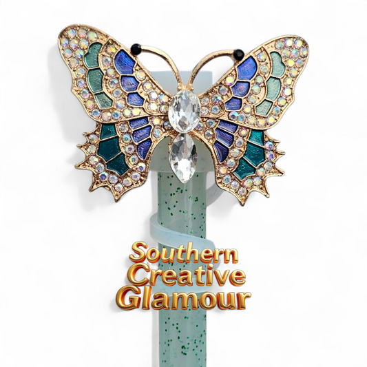 Luxury metal Gold, Green, and Blue Diamond Butterfly Straw Topper  - Straw Cover by Southern Creative Glamour. Fits 10mm and Stanley Straws