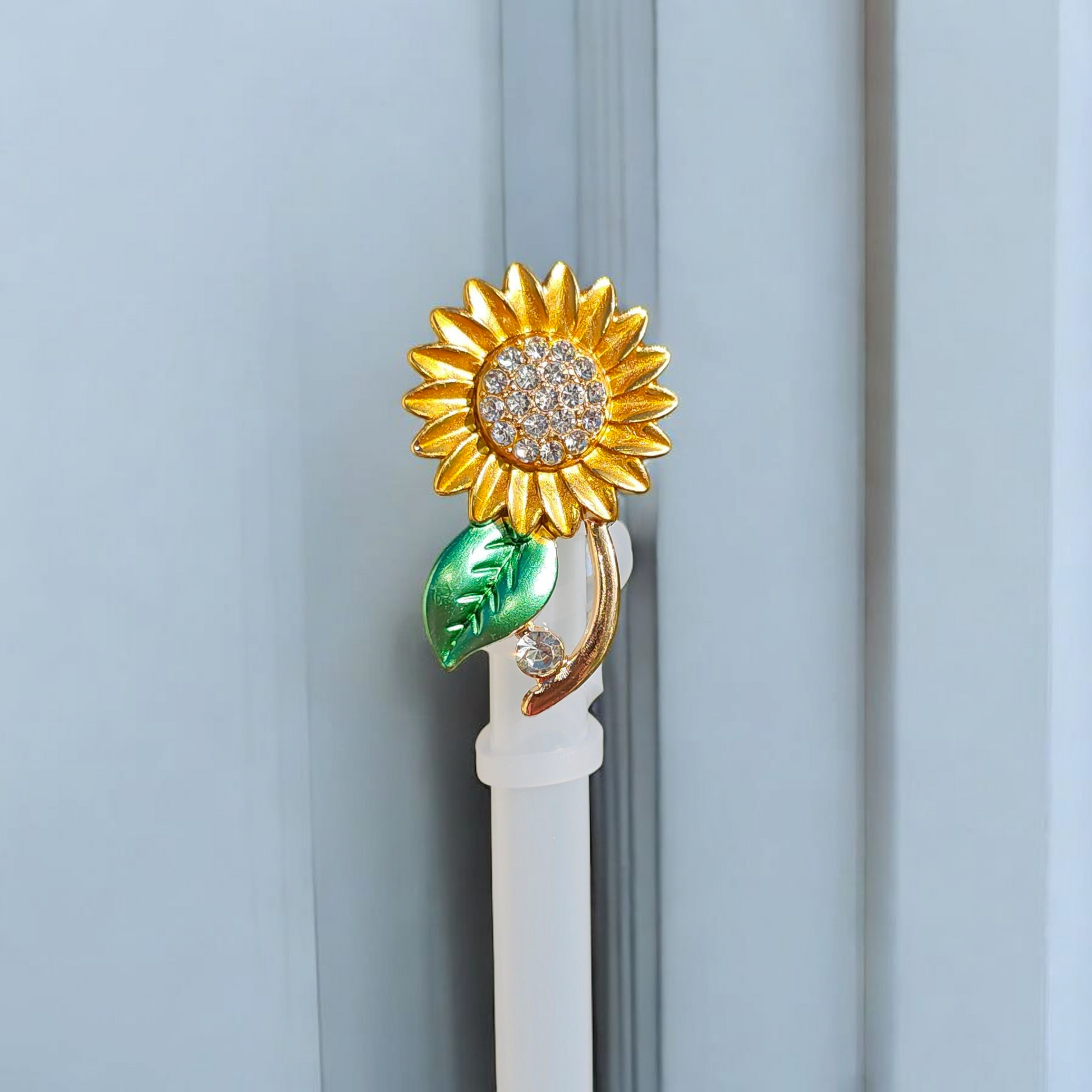 Deluxe yellow, green, and gold metal Diamond Sun Flower Silicone Straw Topper  - Straw Cover 