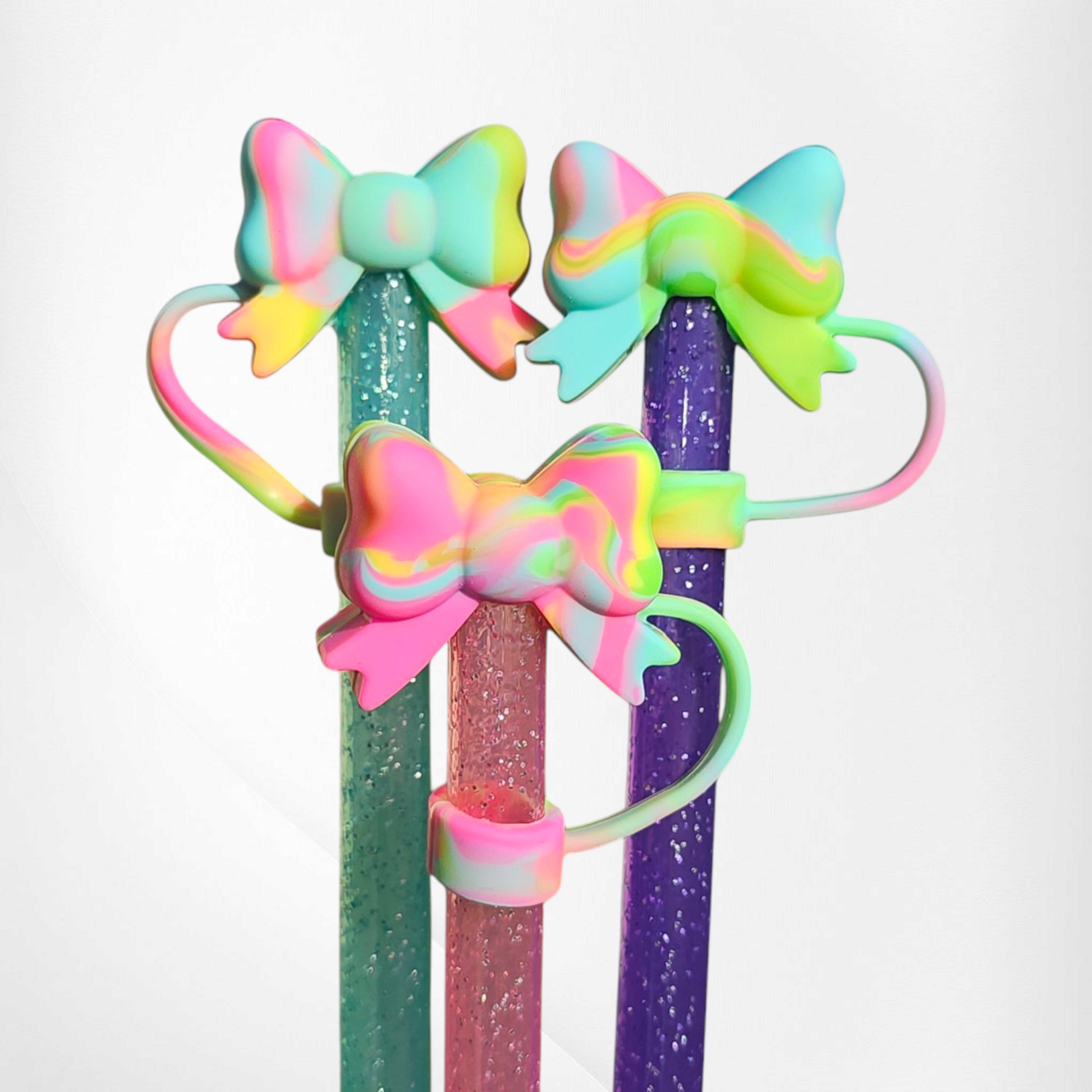 Tye-Die fun bow straw topper  - straw cover. Colors are pink, yellow, green, and Teal. 
