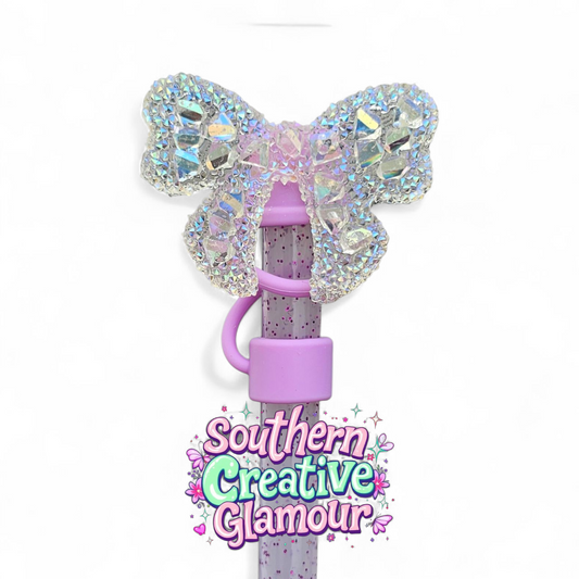 Glitter Ribbon Bow Silicone 10mm Straw Topper - Lavender Crystal by Southern Creative Glamour 