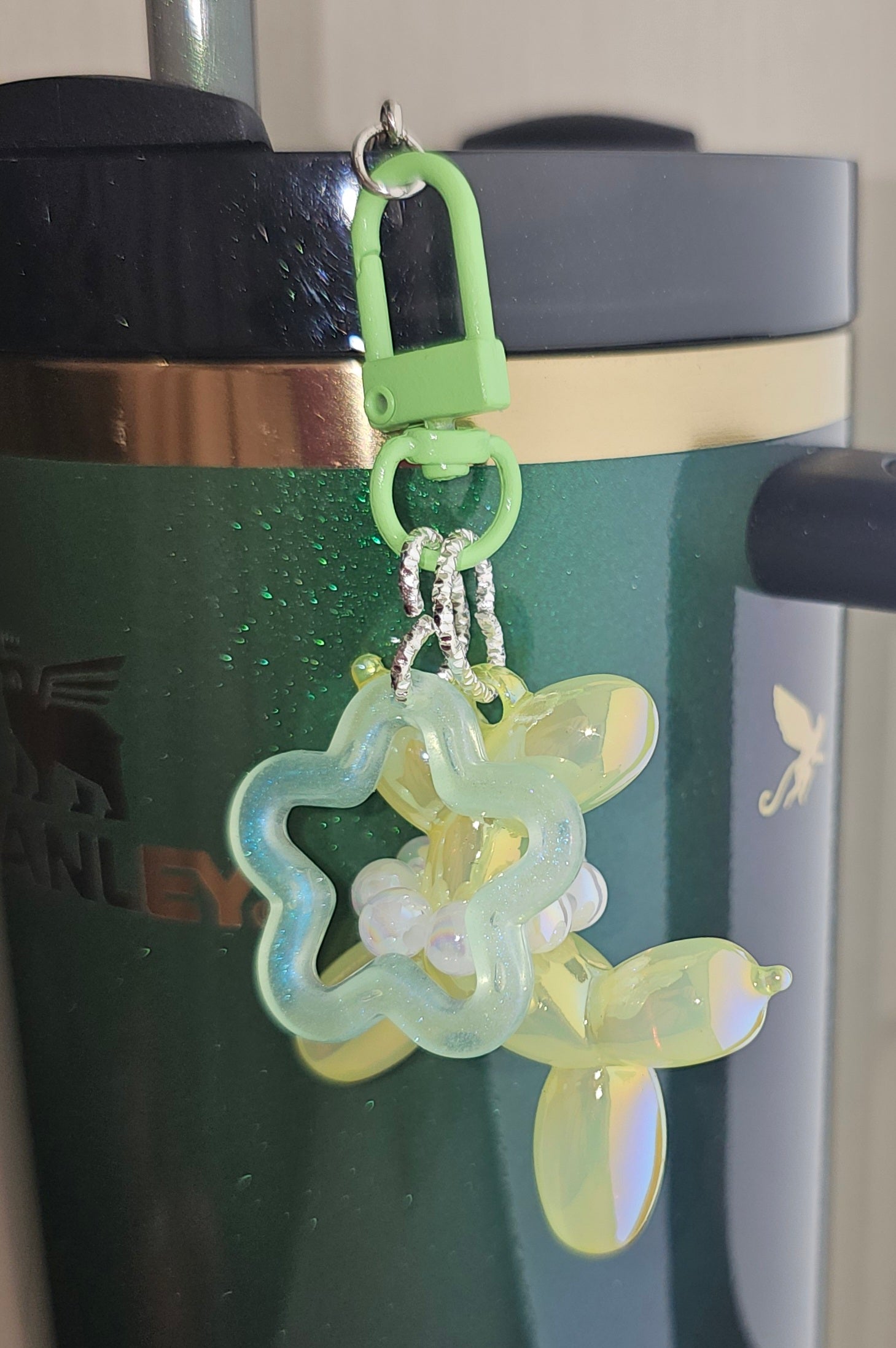 Iridescent Pearlescent Pearl Green Balloon Dog w/ Star Charm For Stanley Tumbler Straw