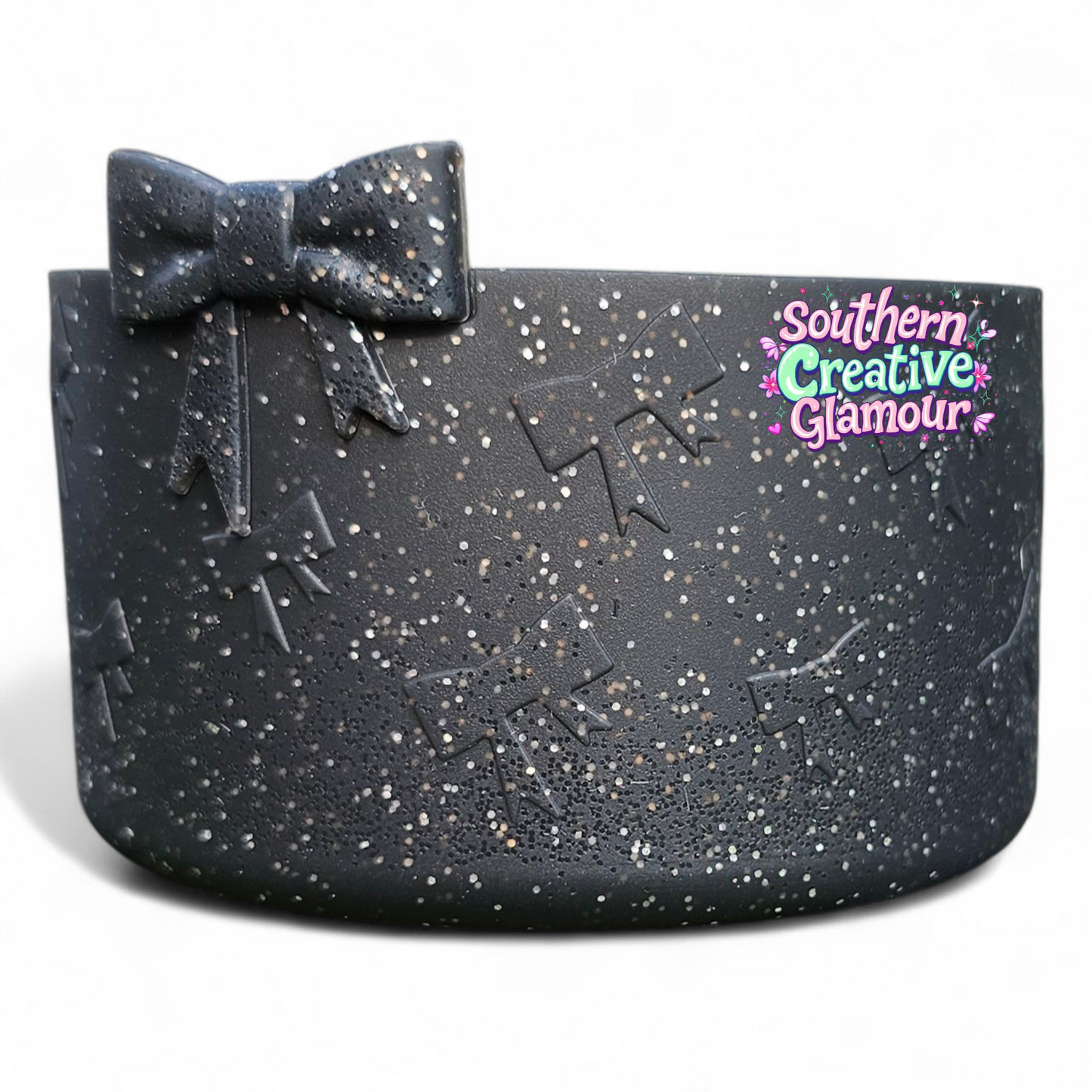 Black glitter 3D bow silicone tumbler boot by Southern Creative Glamour 