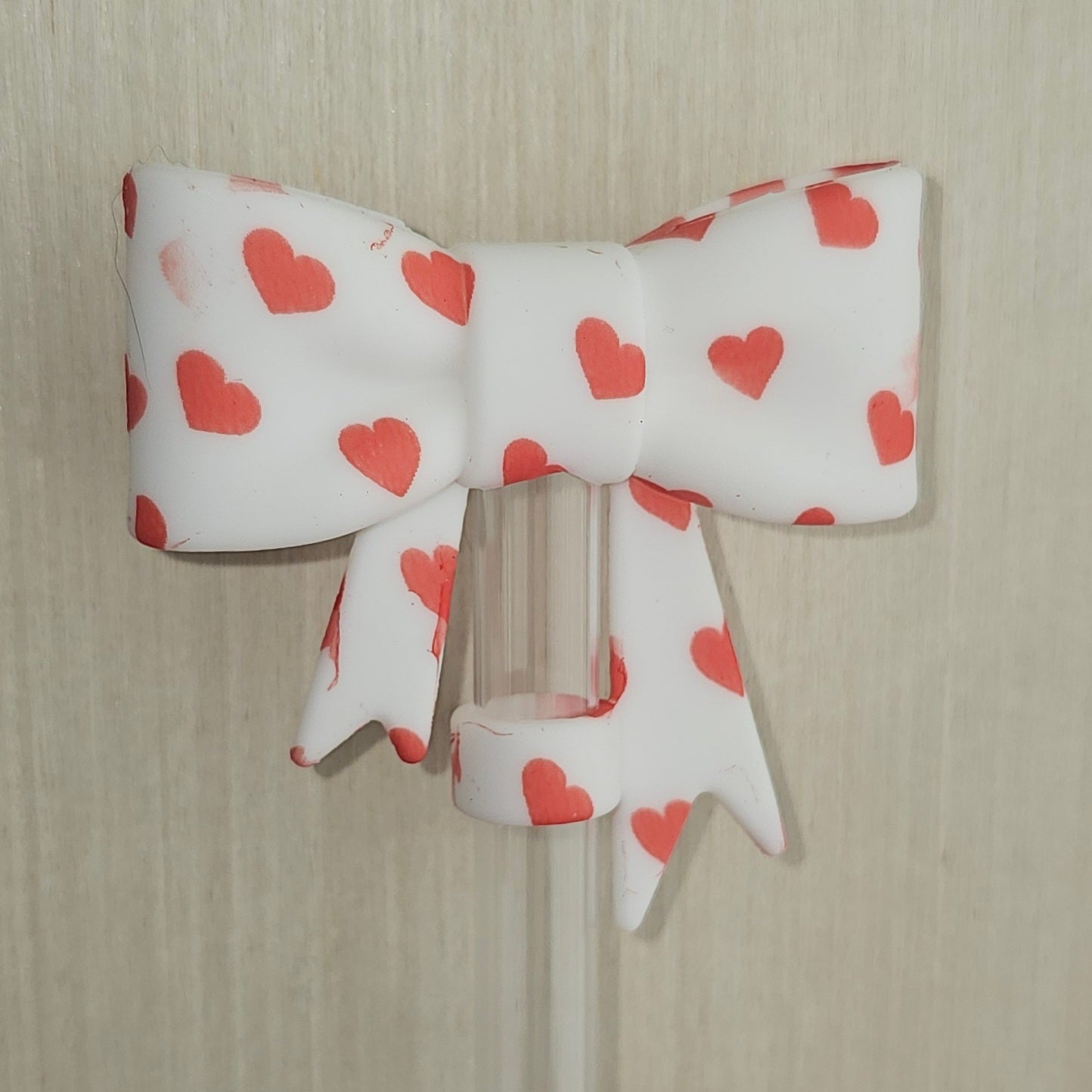 White and Red Hearts 3D Coquette Butterfly Ribbon Bow Silicone Straw Topper  - Straw Cover 