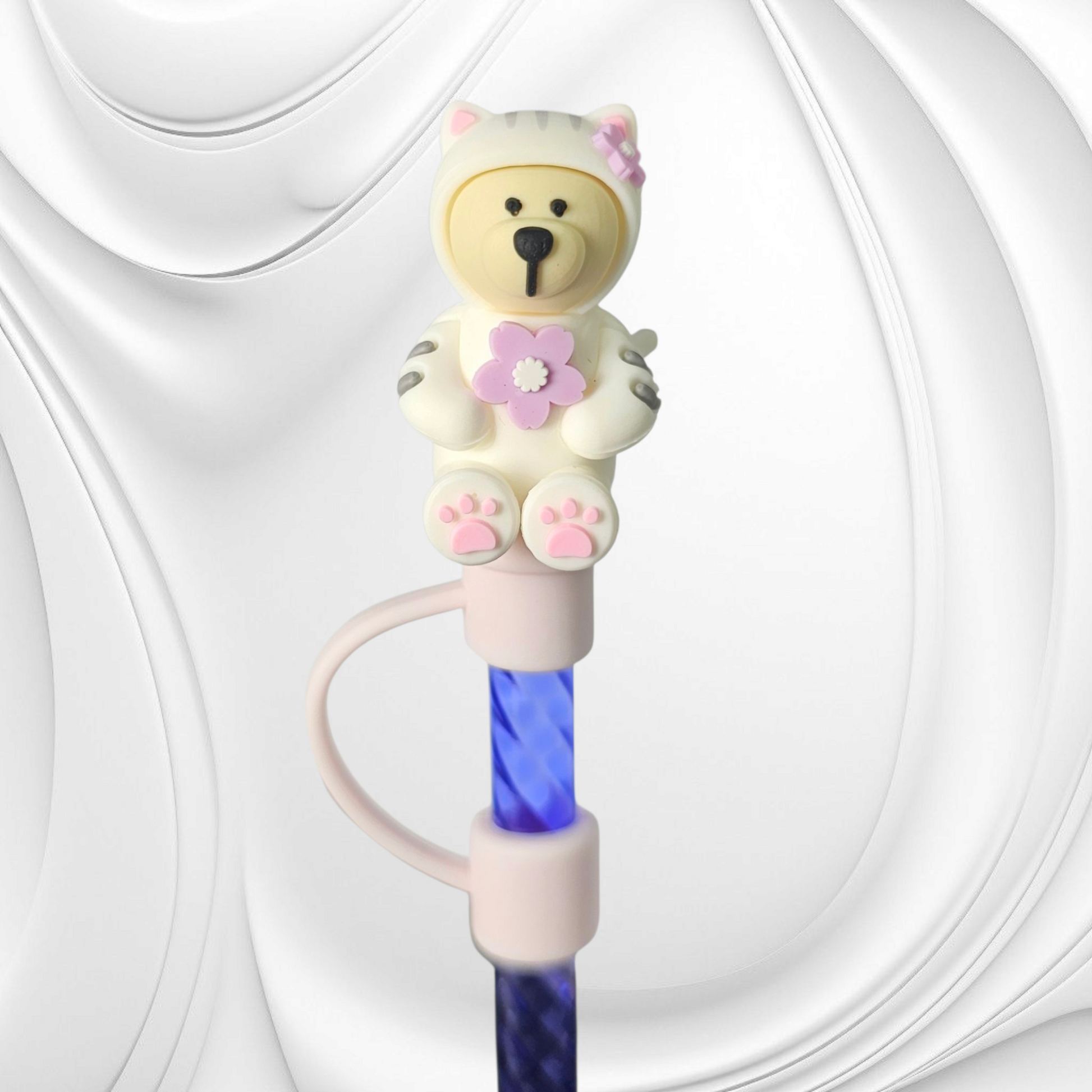 Pink and purple Sakura Bear 8mm 3D Silicone Straw Topper 