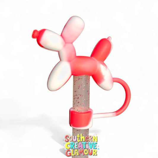 Red and White Swirl Balloon Dog 3D Silicone 10mm Straw Topper by Southern Creative Glamour 