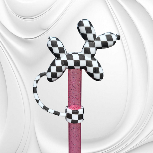 Black and White Checkers 3D Silicone Balloon Dog Straw Topper