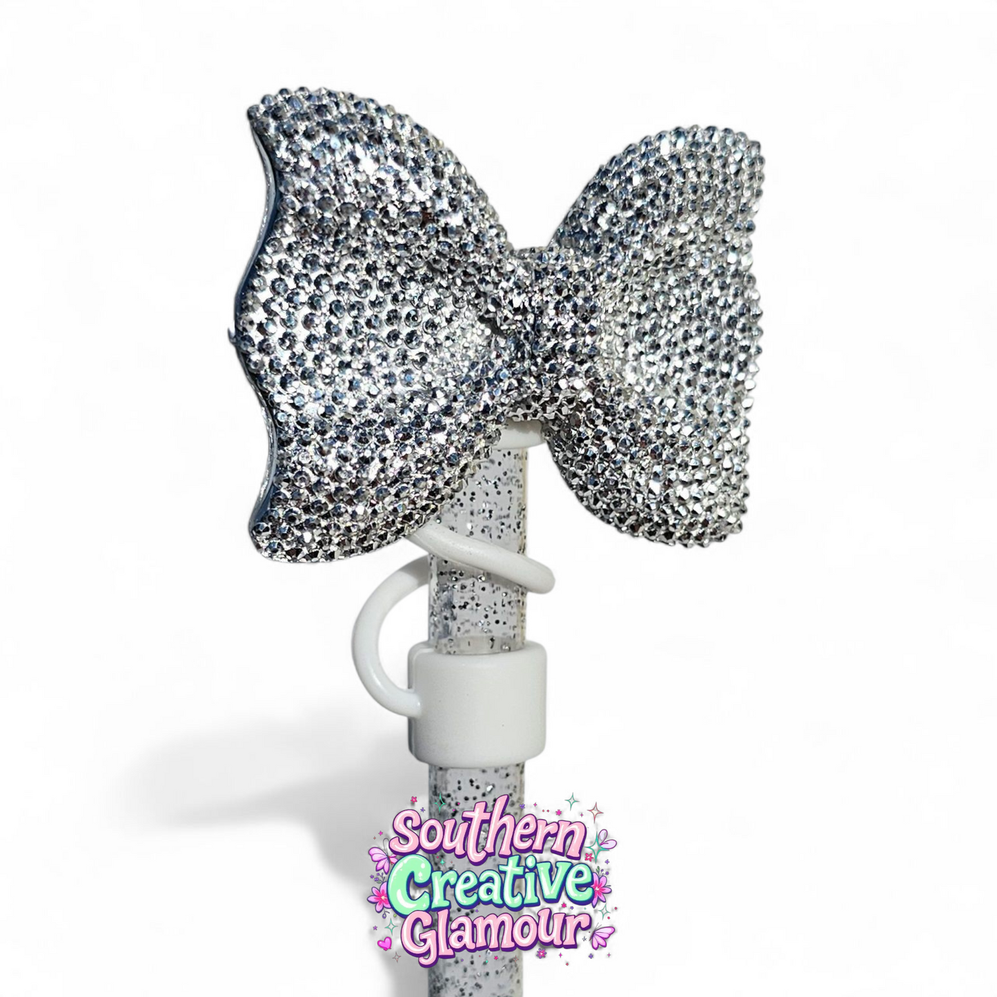 Silver Glitter Bow with White Silicone Straw Topper Base by Southern Creative Glamour 