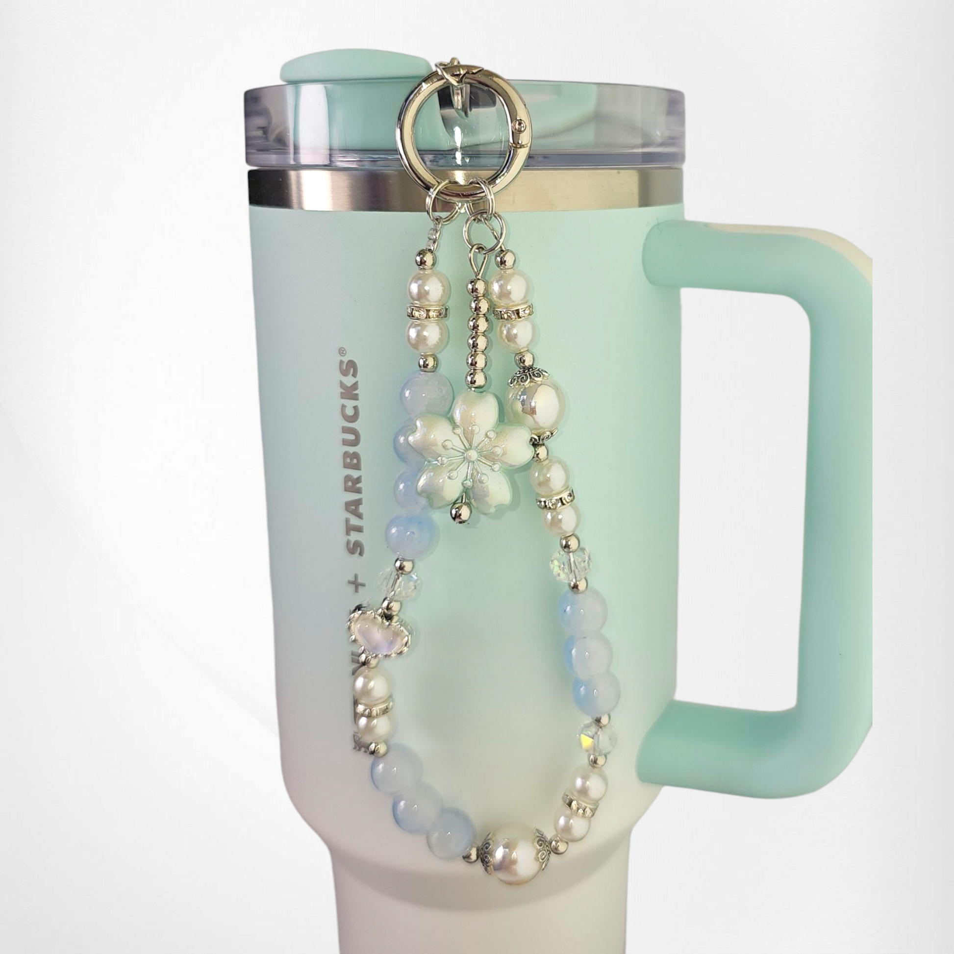 Mint Sakura Flower with White & Light Blue Faux Pearl Beads, and White Pearl Heart with Silver Keyring Charm Bracelet. 