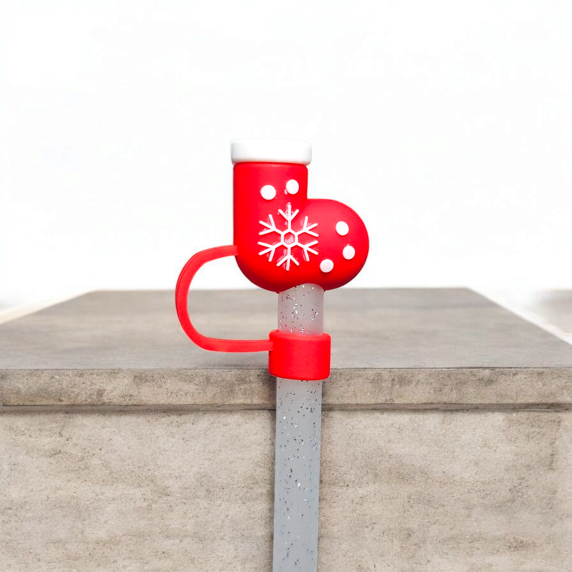 Red and White Christmas Stocking 3D Silicone Straw Topper 