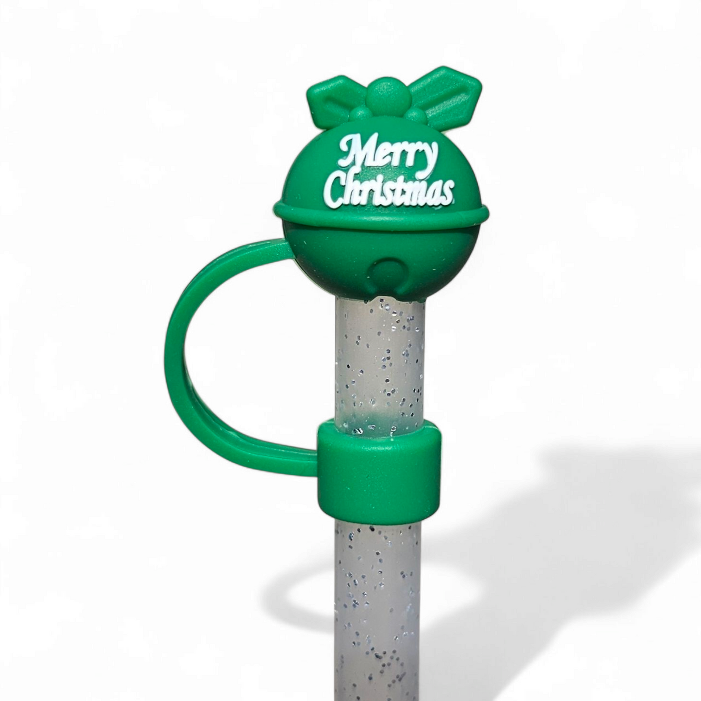 Green Jingle Bell  ' Merry Christmas  ' 3D Silicone Straw Topper 