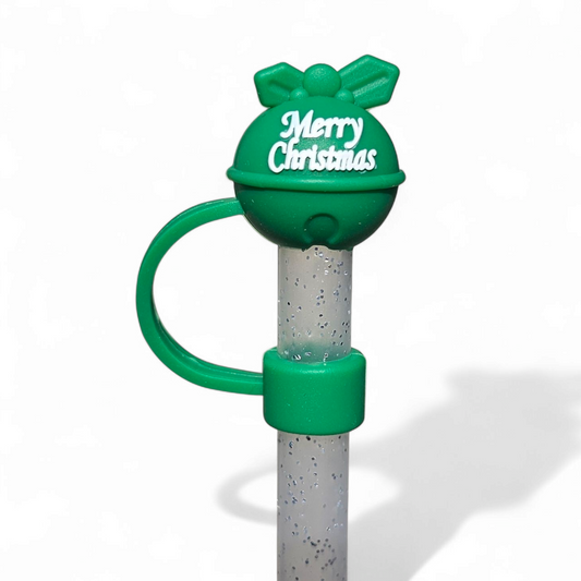 Green Jingle Bell  ' Merry Christmas  ' 3D Silicone Straw Topper 
