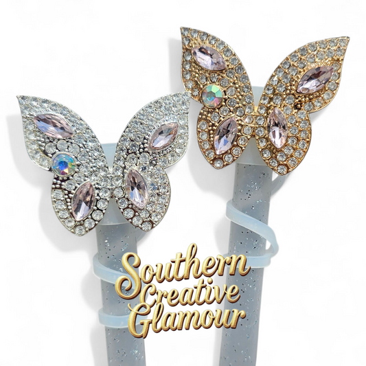 Gold and Silver Diamond Butterfly Silicone 10mm Straw Toppers by Southern Creative Glamour 