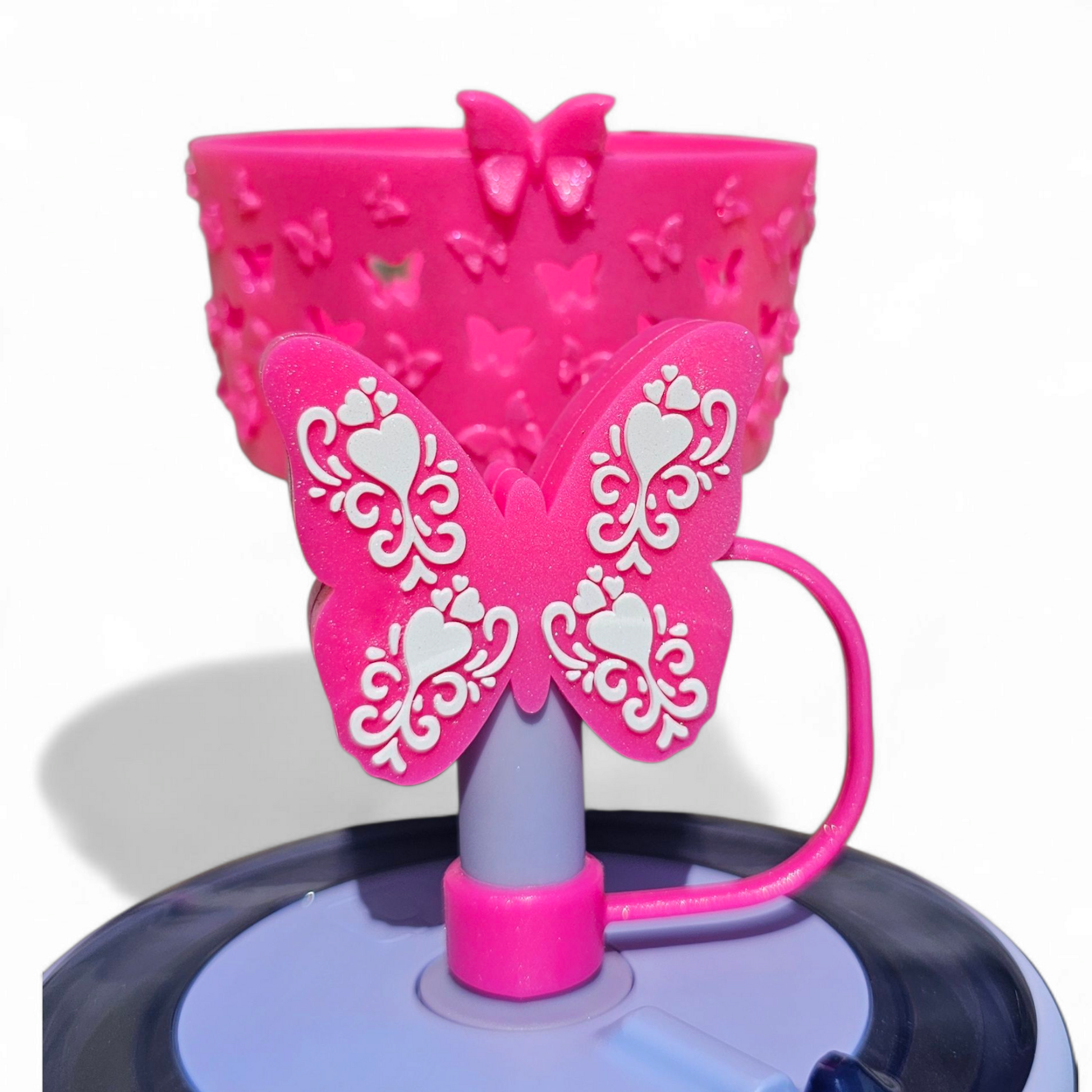 Hot Pink Shimmer Butterfly 3D Silicone 12mm Straw Topper for Brumate by Southern Creative Glamour 