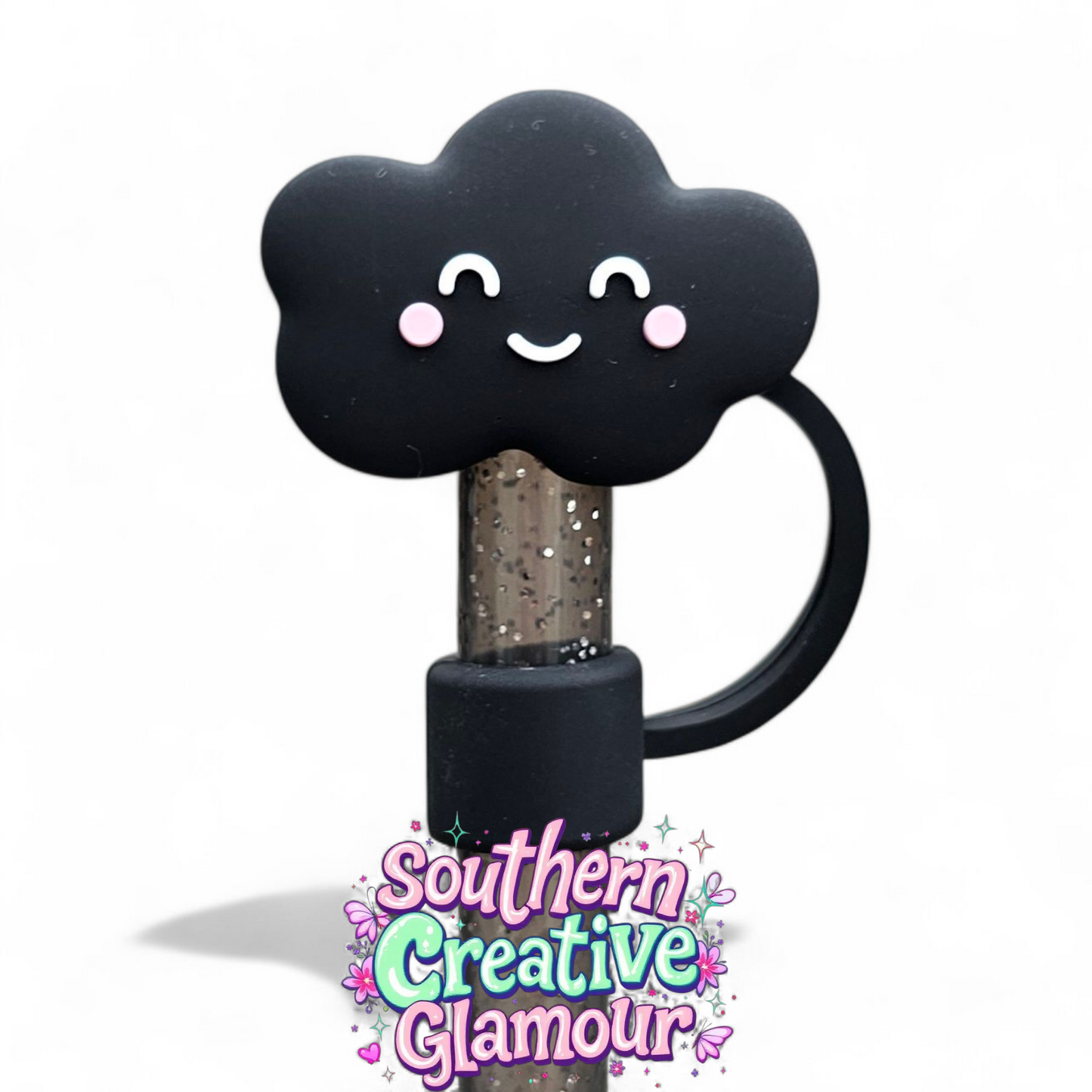 Black Happy Cloud 3D Silicone 10mm Straw Toppers by Southern Creative Glamour 