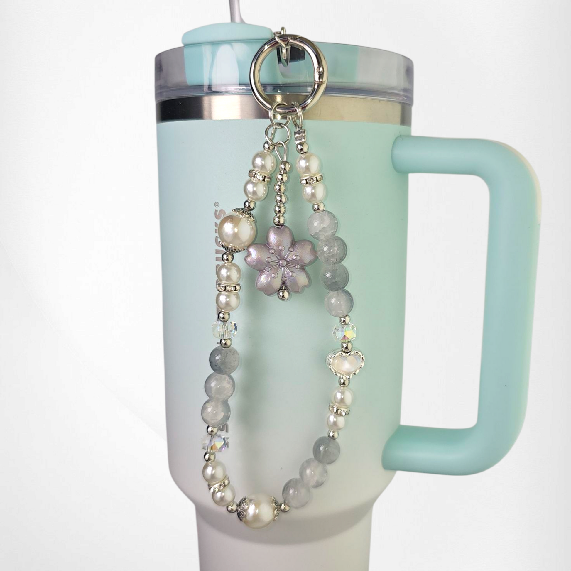 Purple Sakura Flower with White & Grey Marbled Faux Pearl Beads, and White Pearl Heart with Silver Keyring Charm Bracelet. 