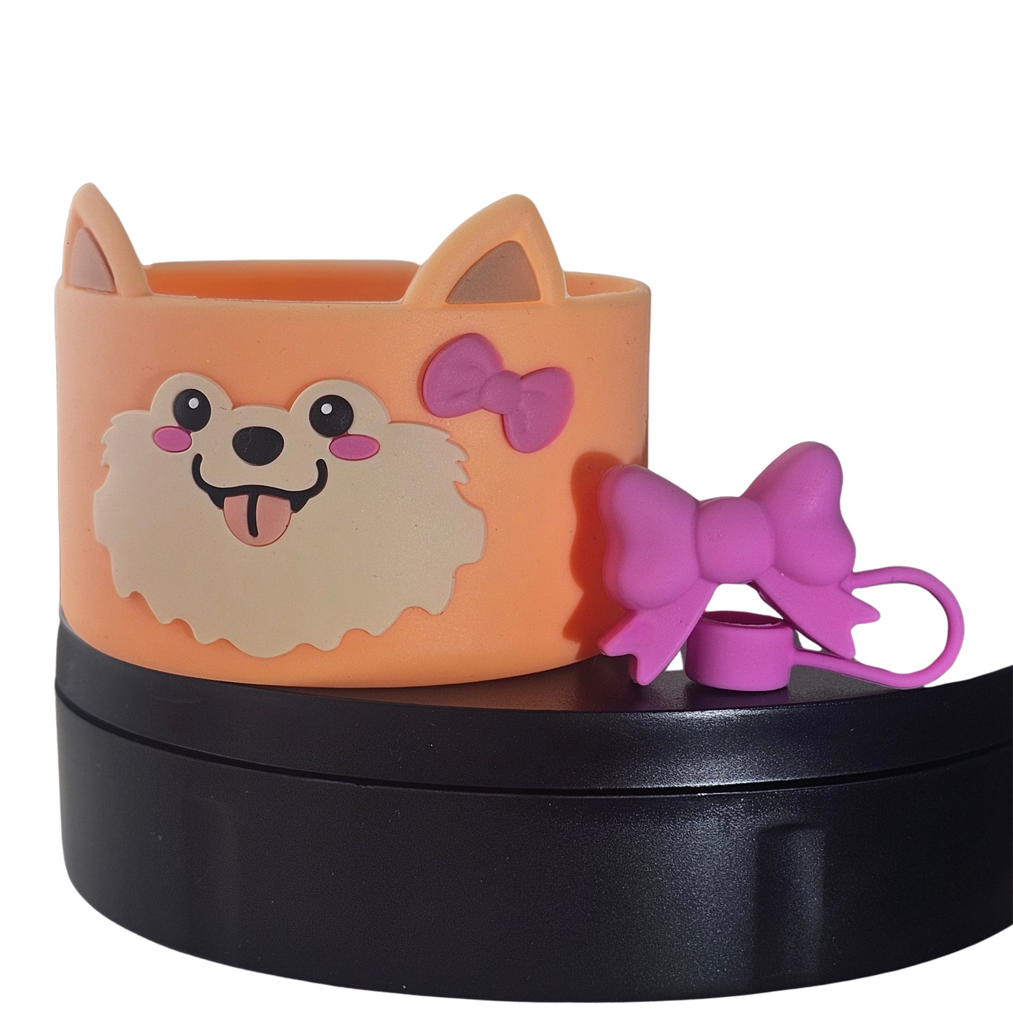 Tan Easter Pup Silicone Tumbler Boot and Pink Coquette Ribbon Bow 3D Silicone Straw Topper Set. 