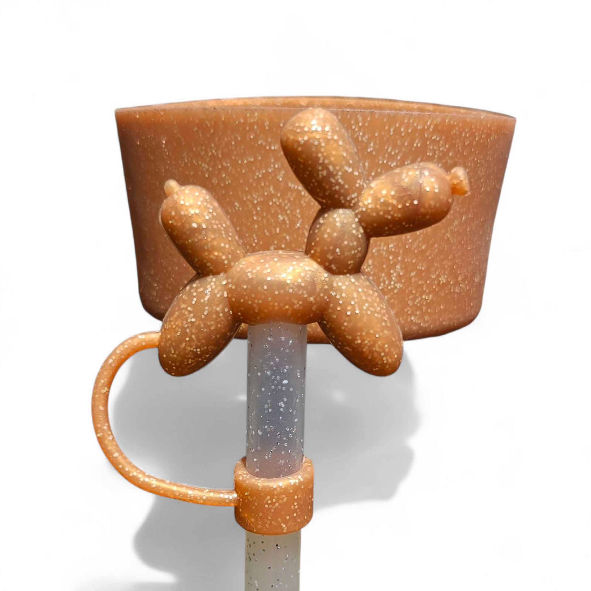 Balloon Dog 3D Silicone 10mm Straw Topper & Matching Silicone Tumbler Boot - Bronze Glitter by Southern Creative Glamour 