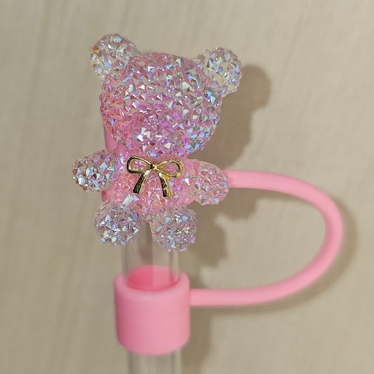 Deluxe Hot Pink and Gold  Glitter Teddy Bear Silicone Straw Topper  - Straw Cover 