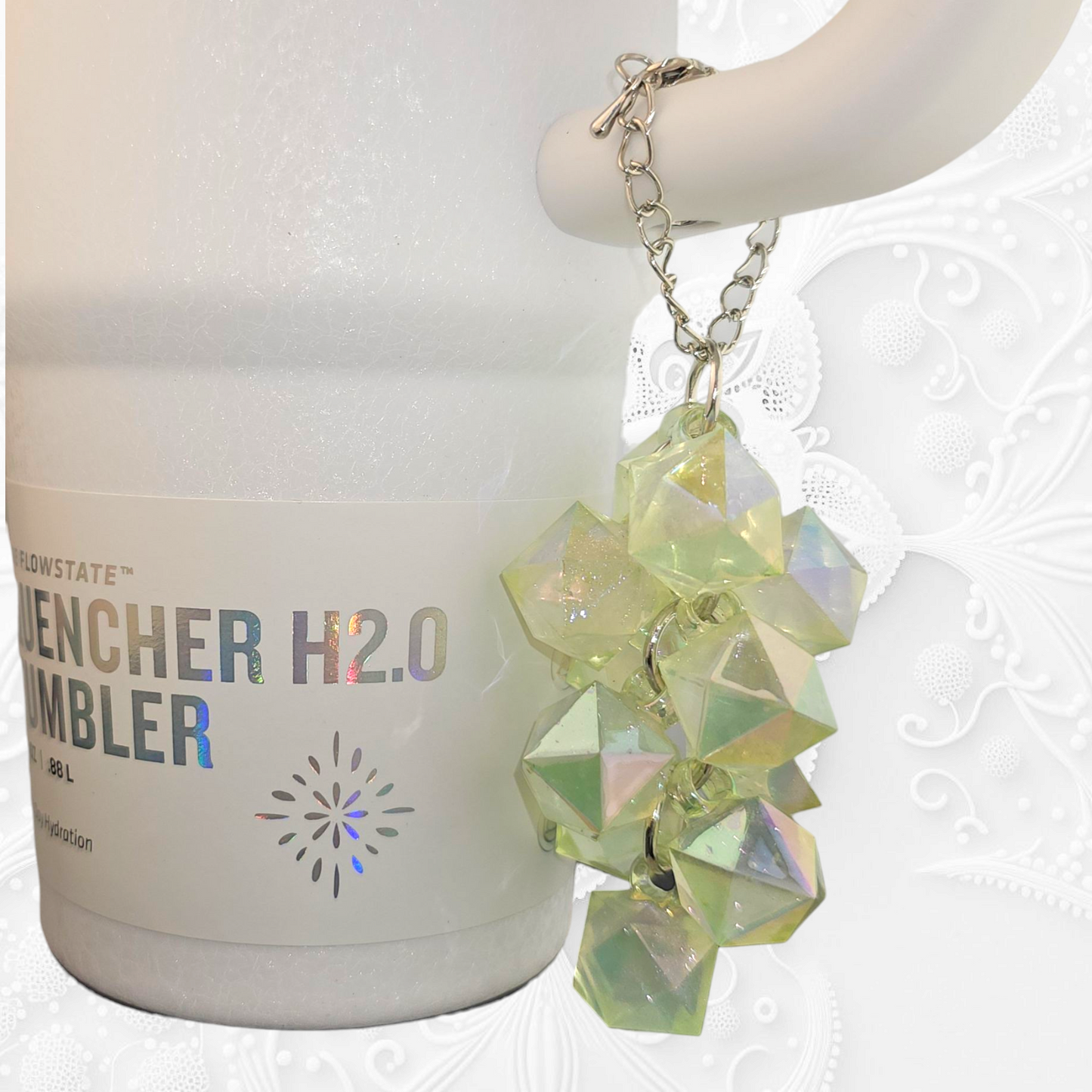 Spring Green Crystal Beaded Tumbler Charm. Use as a tumbler straw charm or tumbler cup handle charm. 