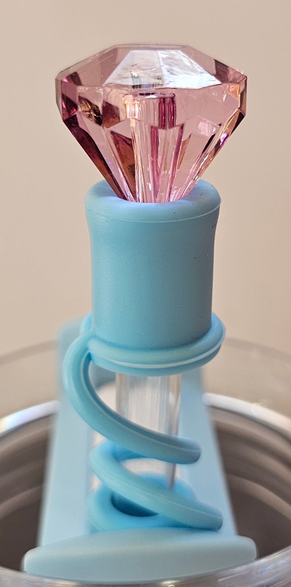 Pink Diamond with Tiffany Teal Blue Silicone Base. Straw Topper  - Straw Cover 