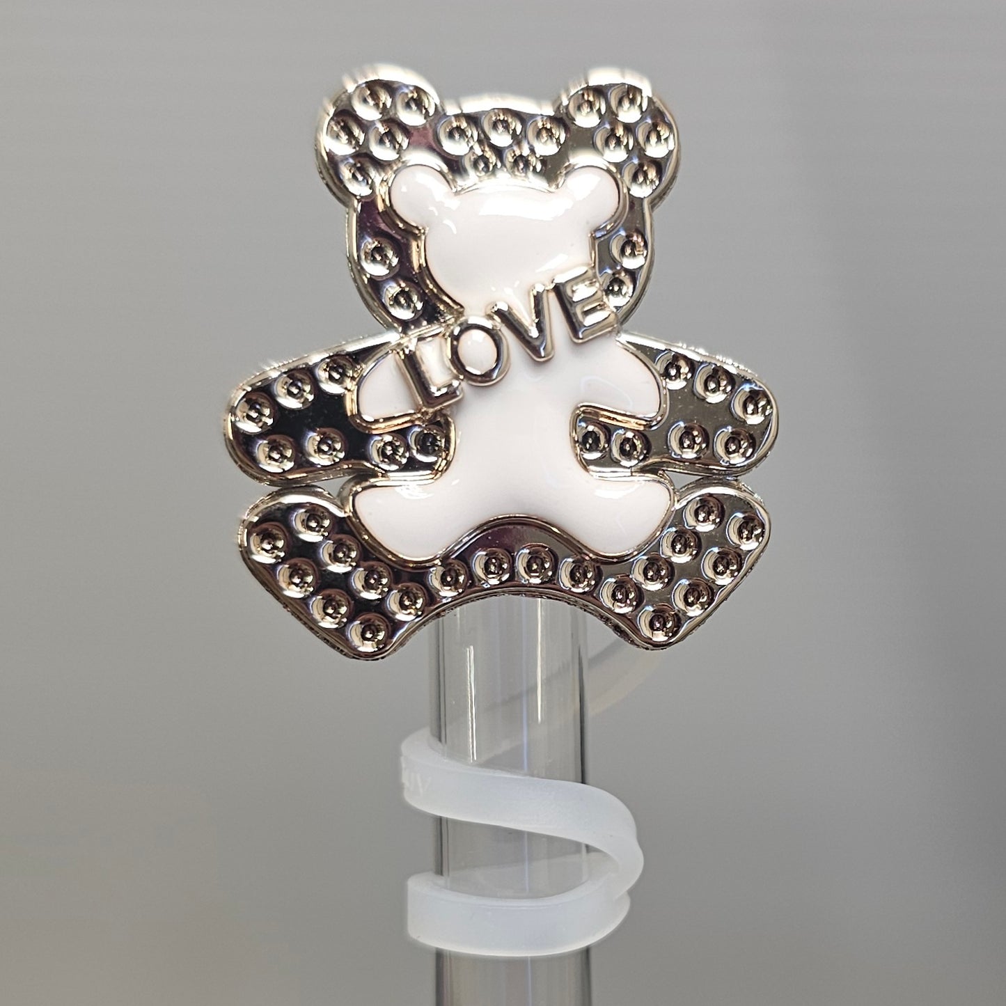 Shiny White Teddy Bear with " Love " Silicone Straw Topper  - Straw Cover. Fits 10mm Straws. 